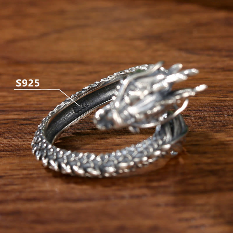Anello regolabile Buddha Stones 925 Sterling Silver Vintage Dragon Success Protection Strength