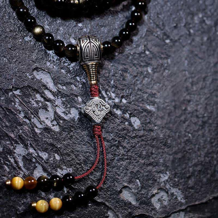 Buddha Stones 108 Mala Beads Oro Lucente Ossidiana Occhio di Tigre Pietra Occhio d'Aquila Bracciale della Ricchezza