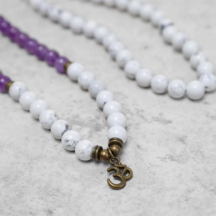 Buddha Stones 108 Mala Beads Ametista Bianco Turchese OM Braccialetto energetico per meditazione curativa