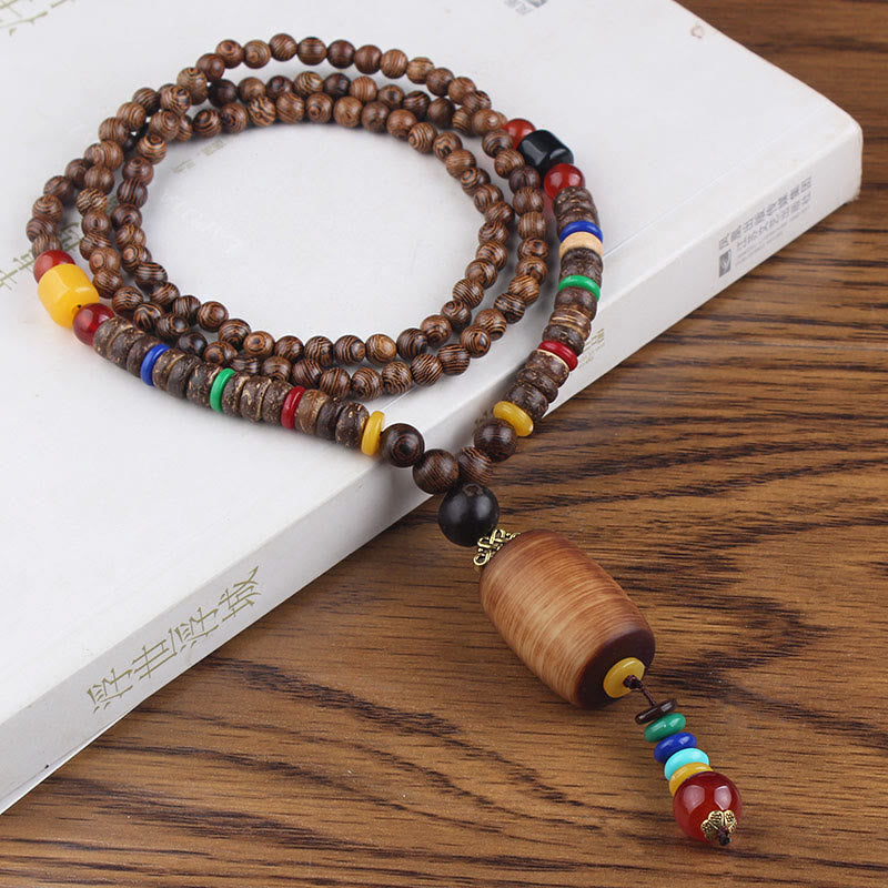 Buddha Stones Tibetano Legno Wenge Bodhi Seme Agata Equilibrio Pace Collana Pendente