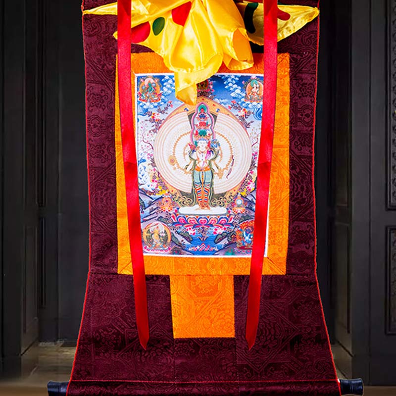 Buddha Stones Tibetano Avalokitesvara dalle mille mani con cornice Thangka Benedizione Decorazione