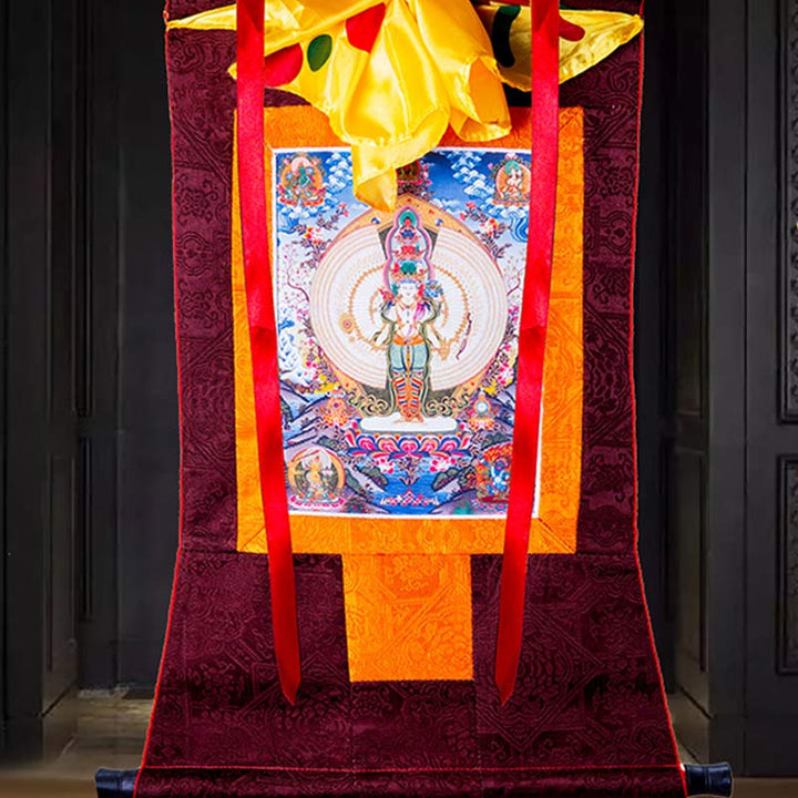 Buddha Stones Tibetano Avalokitesvara dalle mille mani con cornice Thangka Benedizione Decorazione