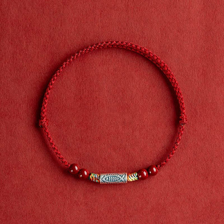 Buddha Stones 925 Sterling Silver Koi Fish Cinnabar Bead Wealth Braccialetto intrecciato artigianale Cavigliera