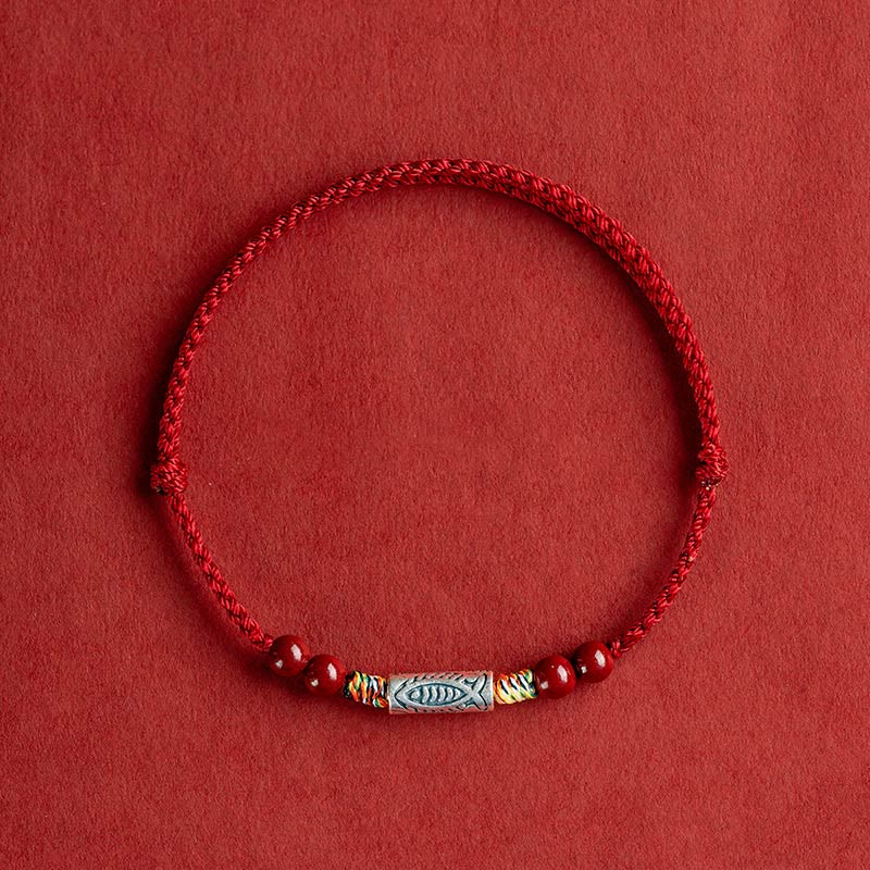 Buddha Stones 925 Sterling Silver Koi Fish Cinnabar Bead Wealth Braccialetto intrecciato artigianale Cavigliera - Cavigliera (circonferenza 17-30 cm) - Corda rosso scuro - image 12