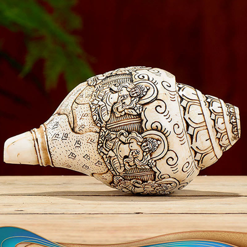 Decorazione di ricchezza di conchiglia di conchiglia di Avalokitesvara Buddha tibetano inciso a mano Shankha