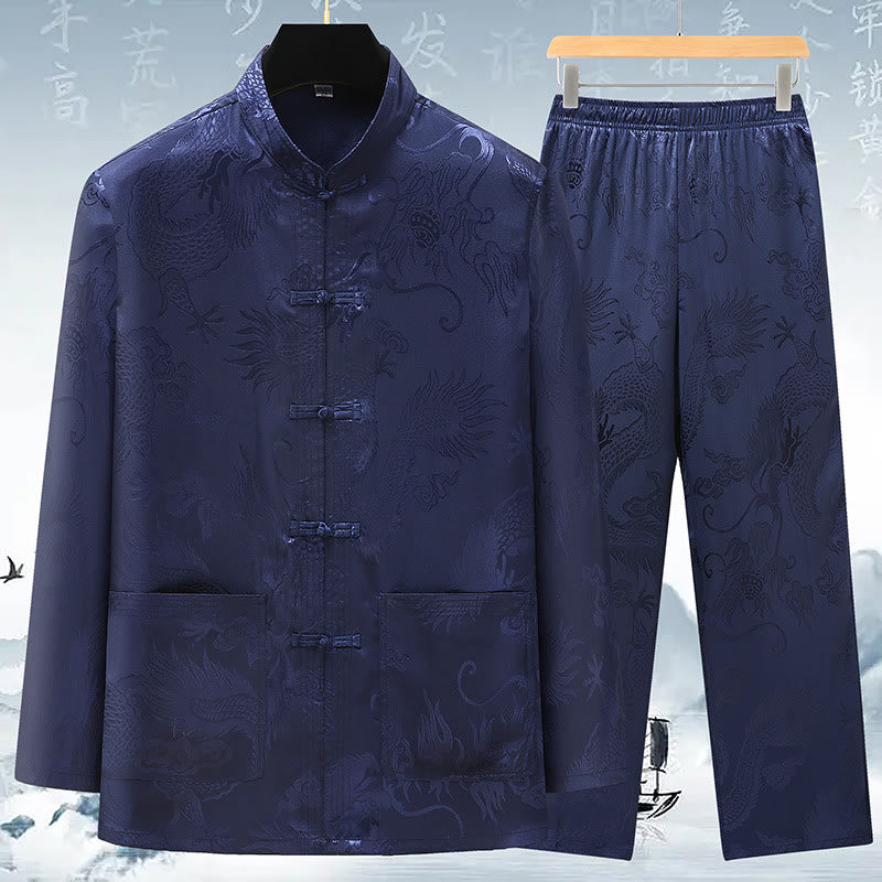 Buddha Stones Tang Suit Uomo Hanfu Cinese Drago Tradizionale Vestiti Kung Fu Camicia Uniforme Manica Lunga Cappotto Top e Pantaloni Abbigliamento Uomo Set - Blu scuro - US/UK/AU42, EU52 (3XL) - image 13