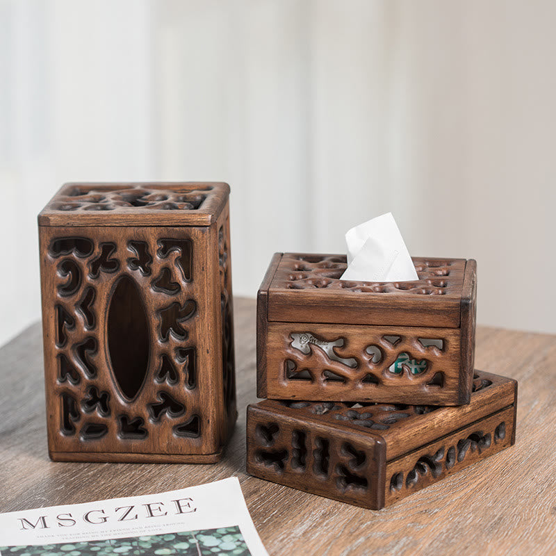Scatola di fazzoletti in legno retrò Porta fazzoletti in legno inciso Scatole di salviette Decorazione - image 0