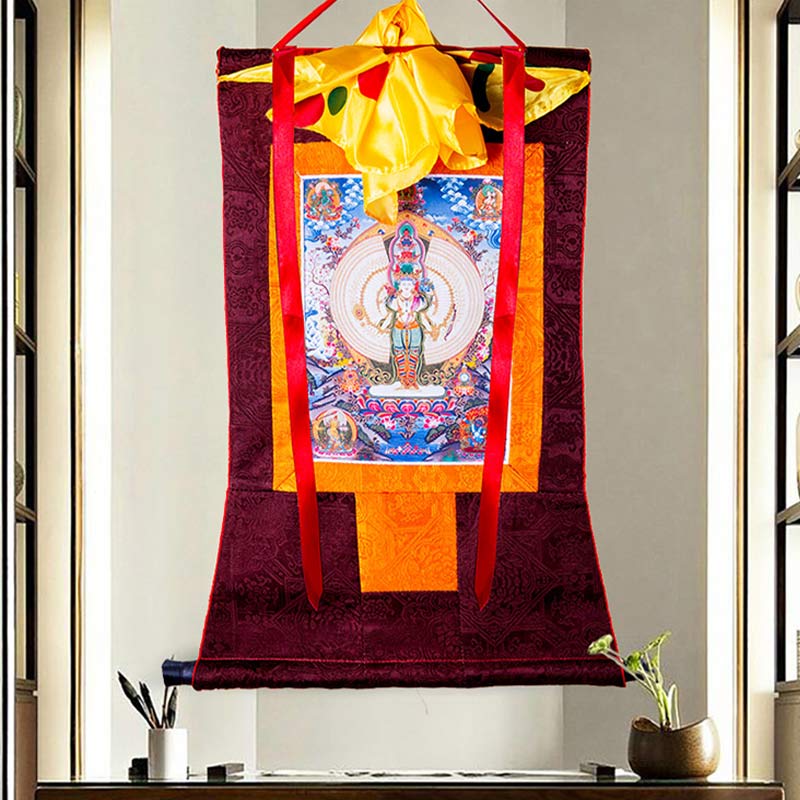 Buddha Stones Tibetano Avalokitesvara dalle mille mani con cornice Thangka Benedizione Decorazione