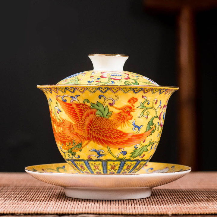 Buddha Stones Dragon Phoenix Flower Design Ceramica Gaiwan Sancai Tazza da tè Kung Fu Tazza da tè e piattino con coperchio - Giallo - Phoenix 9,5 cm*9,3 cm*160 ml - image 4