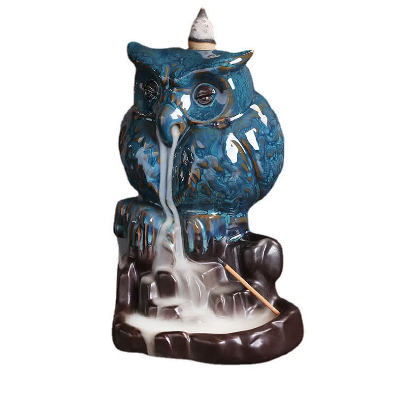 Buddha Stones Gufo carino Fontana di fumo a riflusso in ceramica Bruciatore di incenso Decorazione per meditazione