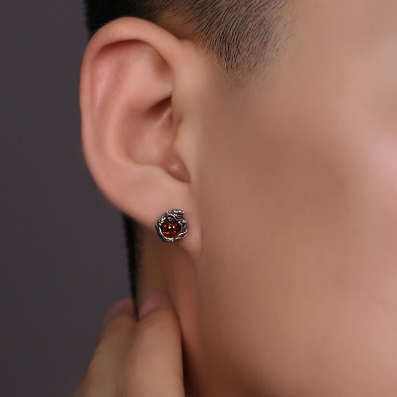 Orecchino a perno Buddha Stones 925 Sterling Silver Ambra naturale Drago Protezione Successo
