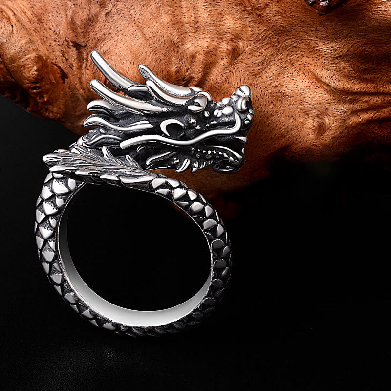 Anello regolabile Buddha Stones 990 Sterling Silver Vintage Dragon Design Luck Protection Strength