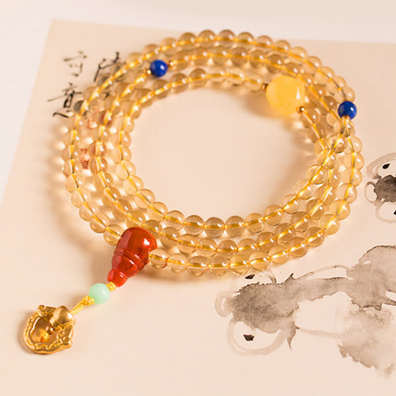 Braccialetto con ciondolo in argento sterling 925, 108 perline Mala, citrino naturale, agata rossa, ambra e piacere