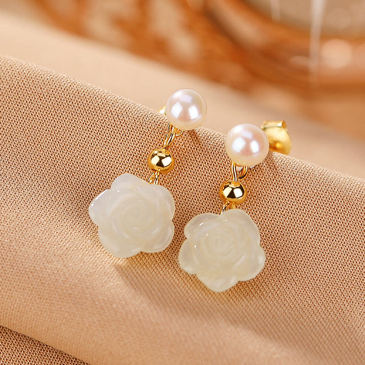 Orecchini Buddha Stones 925 Sterling Silver Placcato Oro Giada Rosa Fiore Ciano Giada Perla Fortuna - Perla di giada di Hetian - image 3