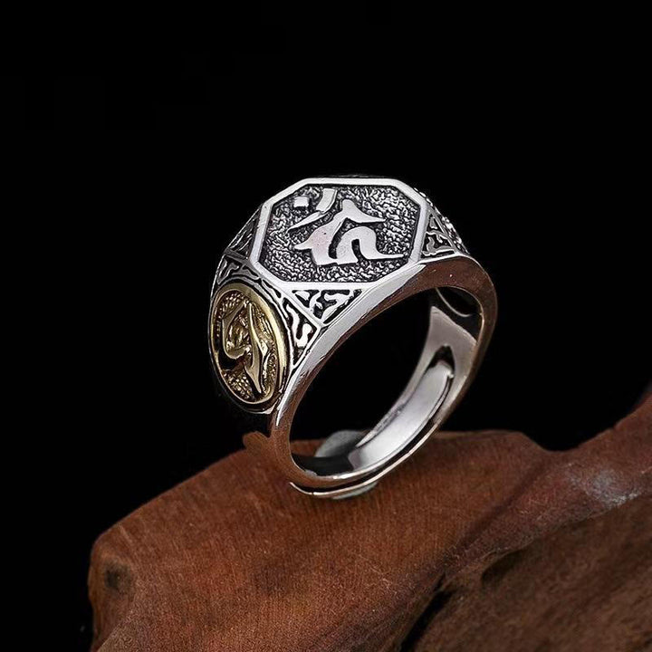 Anello regolabile con protezione intagliata in argento sterling 925 con design sanscrito Buddha Stones