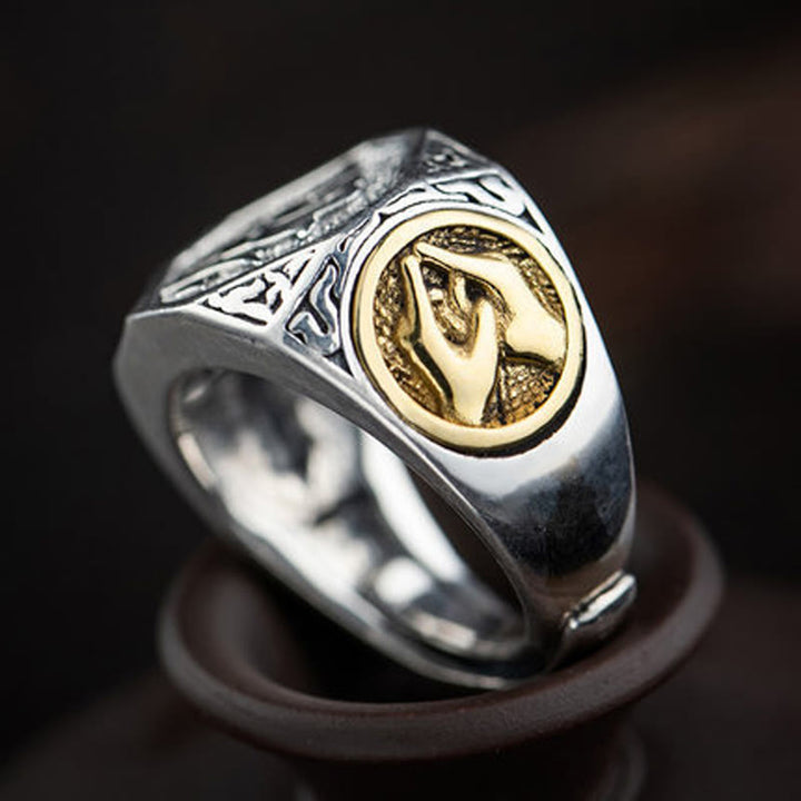 Anello regolabile con protezione intagliata in argento sterling 925 con design sanscrito Buddha Stones