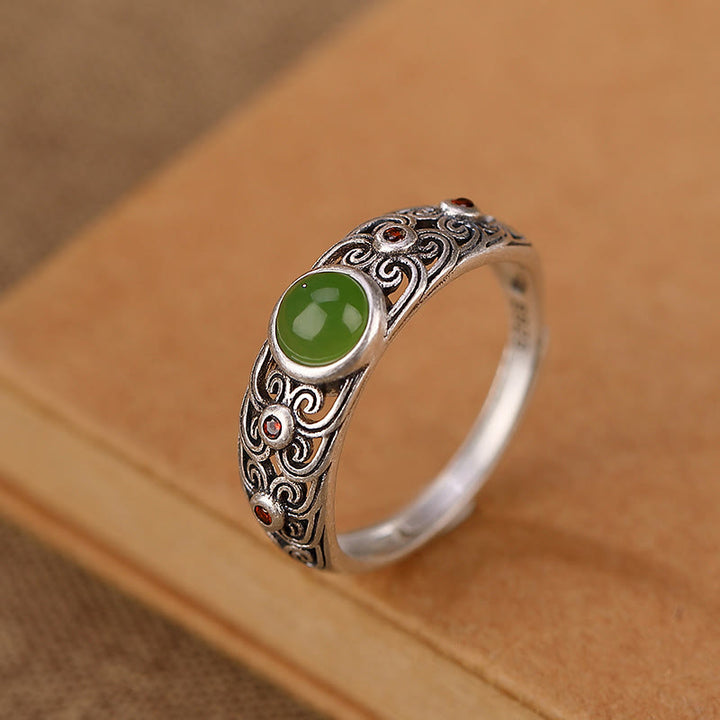 Anello regolabile in argento sterling 925 Buddha Stones e giada ciano Hetian Harmony