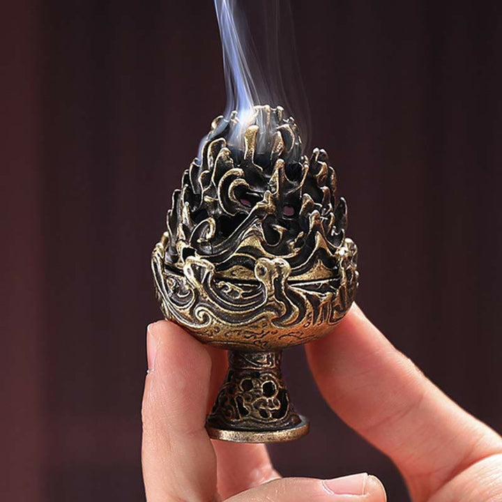 Bruciatore di incenso in lega di rame per meditazione con motivo a mini montagna tibetana
