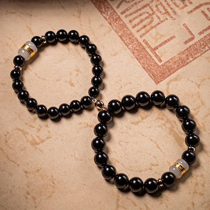 Buddha Stones Ossidiana nera Giada Om Mani Padme Hum Forza Coppia Braccialetto magnetico