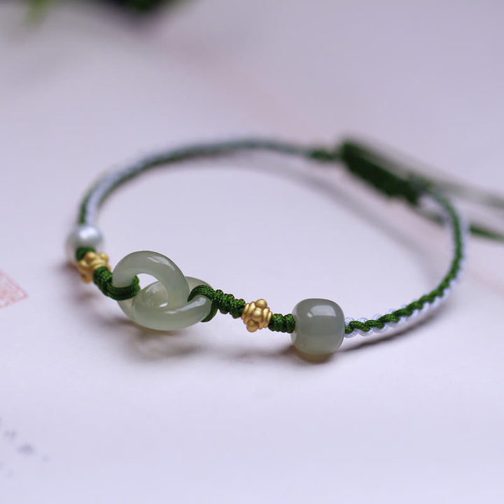 Bracciale intrecciato con fibbia a doppia pace in argento sterling 925 e giada di Hetian , Buddha Stones