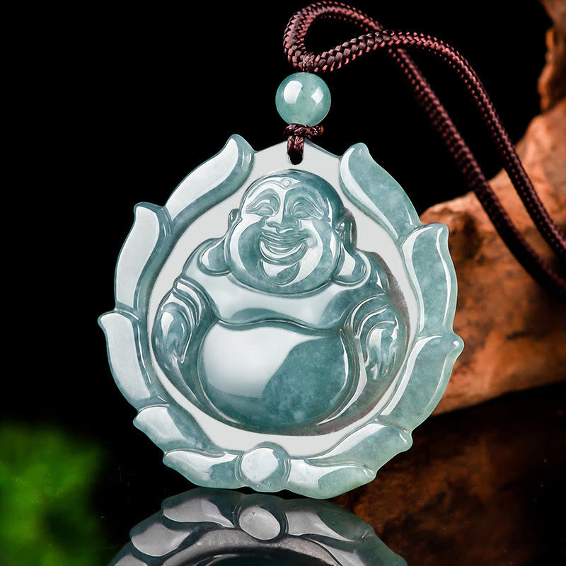 Collana con ciondolo portafortuna con motivo a loto Buddha Stones Buddha che ride in giada naturale - image 1