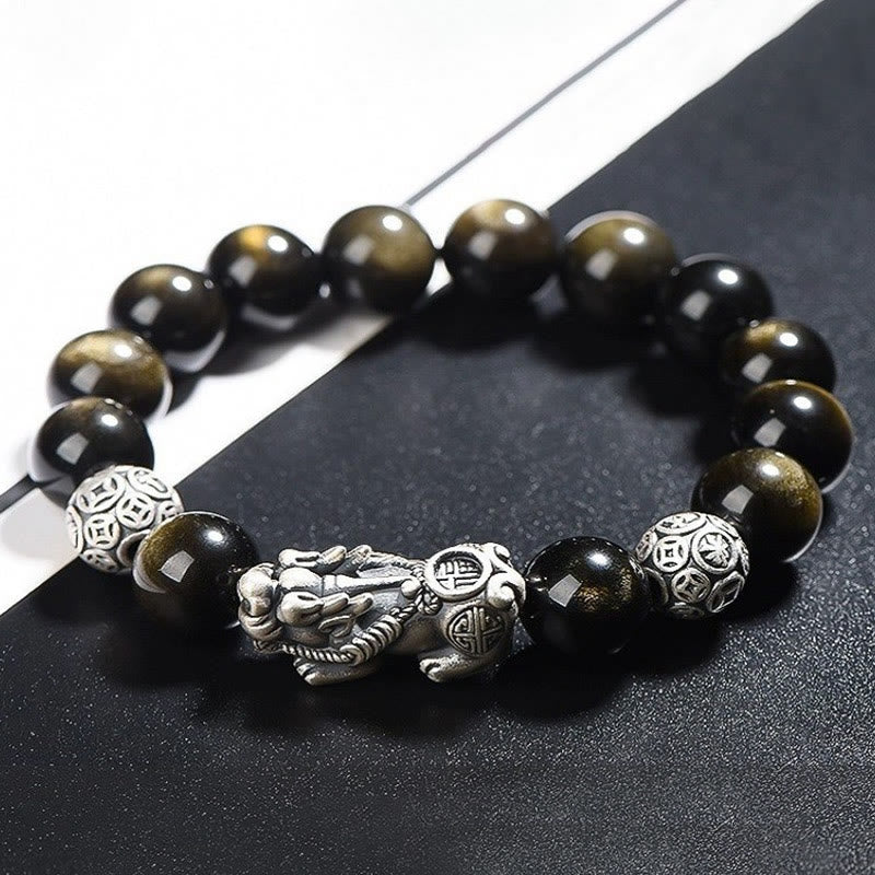 Braccialetto di protezione della ricchezza PiXiu in ossidiana naturale lucidata in argento sterling 925 Buddha Stones