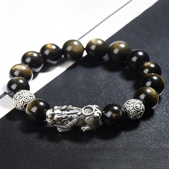 Braccialetto di protezione della ricchezza PiXiu in ossidiana naturale lucidata in argento sterling 925 Buddha Stones