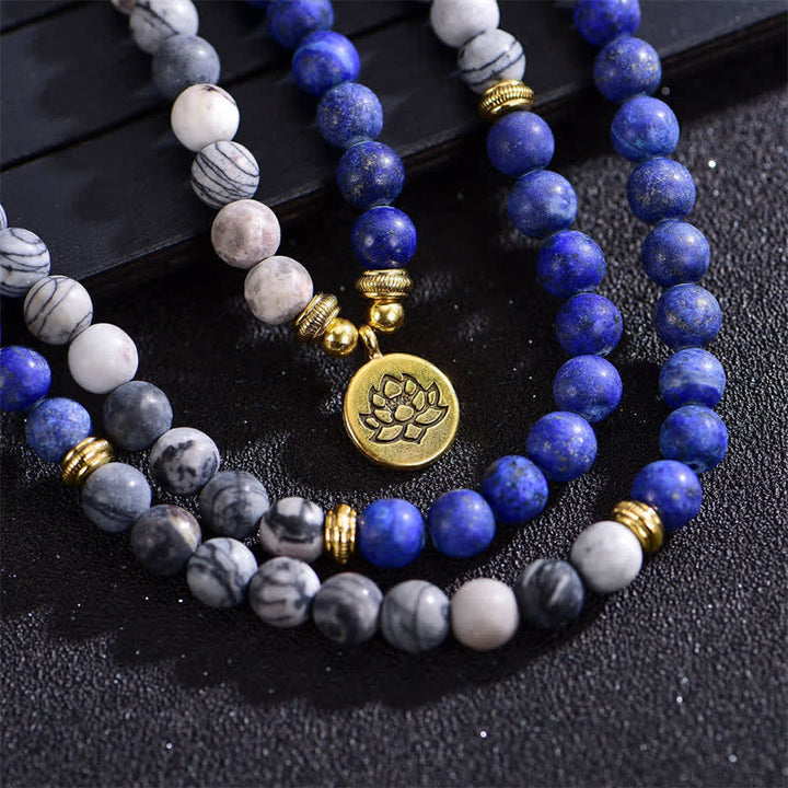 Buddha Stones Lazurite Picasso Jasper Amazzonite Rodonite Apatite Braccialetto di perline di preghiera di loto positivo