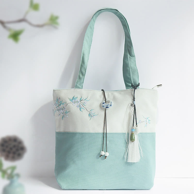 Borsa a tracolla grande capacità in tela con ricamo in bambù, prugna, fiore di pera, pesco