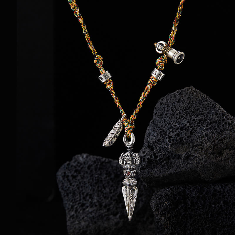 Buddha Stones Tibetano Fatto a Mano 925 Sterling Silver Dorje Vajra Om Mani Padme Hum Piuma Forza Collana Pendente - image 2