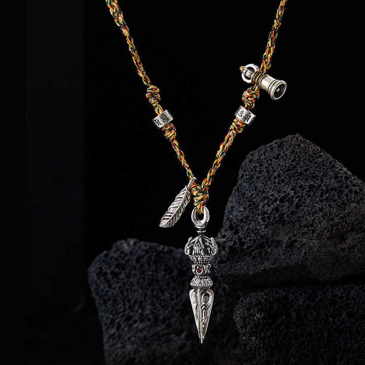 Buddha Stones Tibetano Fatto a Mano 925 Sterling Silver Dorje Vajra Om Mani Padme Hum Piuma Forza Collana Pendente - image 2