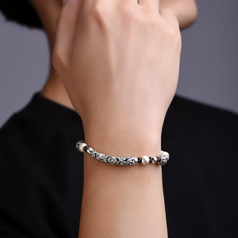 Braccialetto di corda di ricchezza con nuvola di buon auspicio in argento sterling 999 fatto a mano in rame Buddha Stones in Tibet