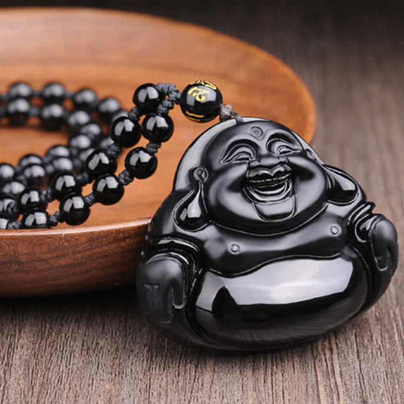 Collana con ciondolo di trasformazione in ossidiana nera Buddha Stones Laughing Buddha - image 3