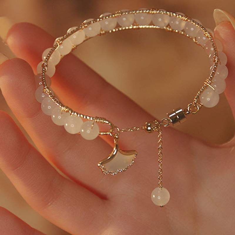 Braccialetto della fortuna con perline di giada e foglie di ginkgo di Buddha Stones