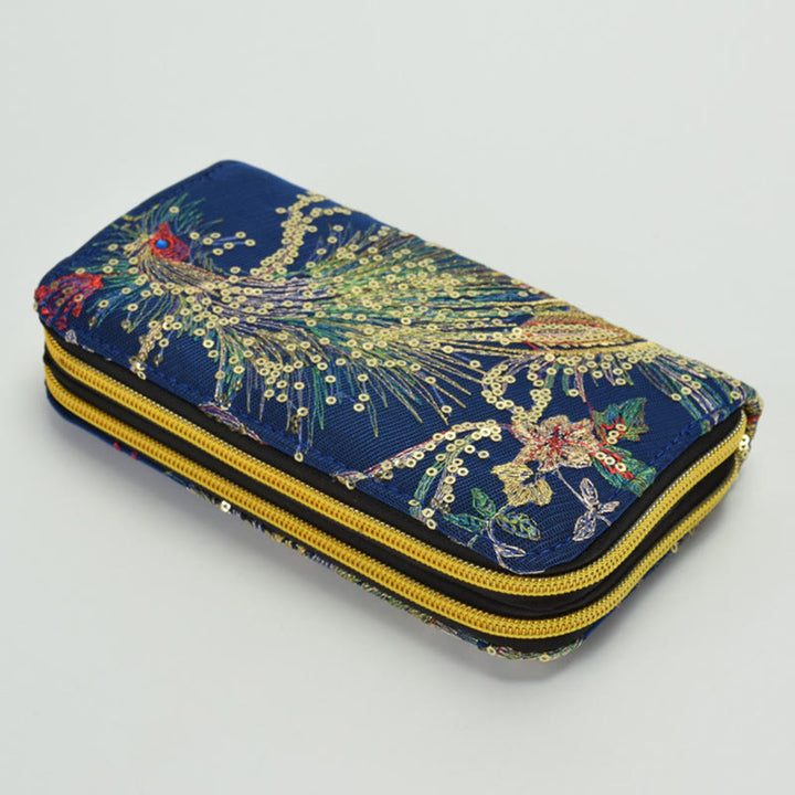 Portafoglio porta contanti con ricamo bifacciale Buddha Stones Peacock Shopping Purse - Pavone blu scuro - image 6