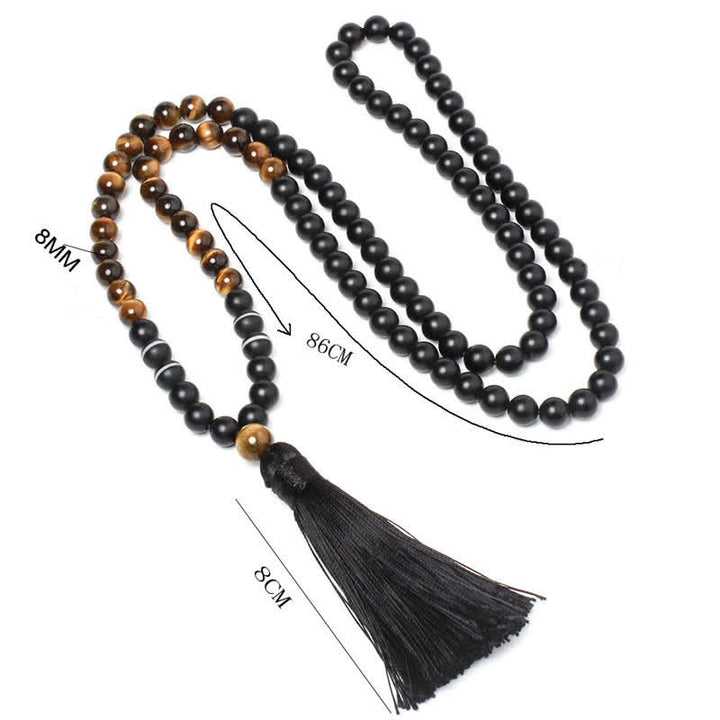 Buddha Stones Onice Nero Occhio di Tigre Braccialetto della Fortuna Collana con Nappa Pendente