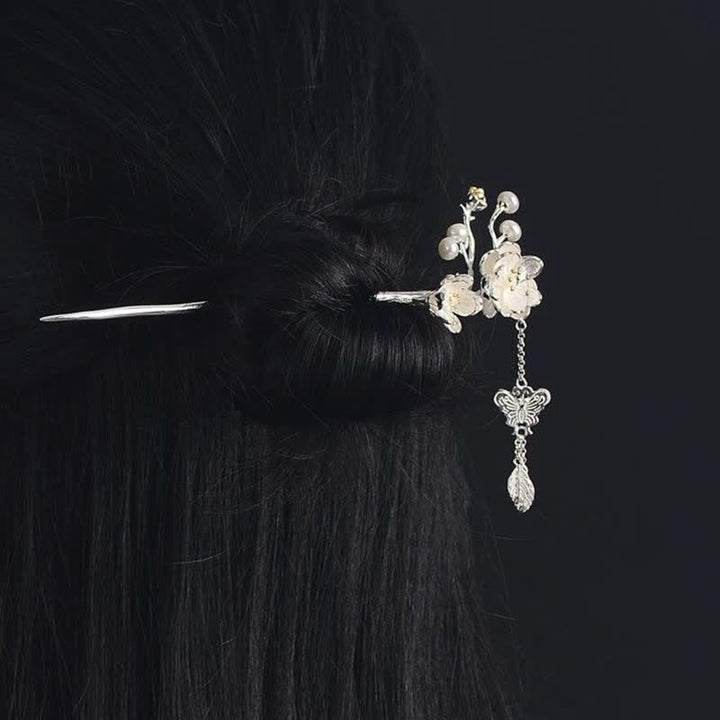 Spilla per capelli con farfalla e fiore di prugno, in Buddha Stones, con nappe d'amore. - image 4