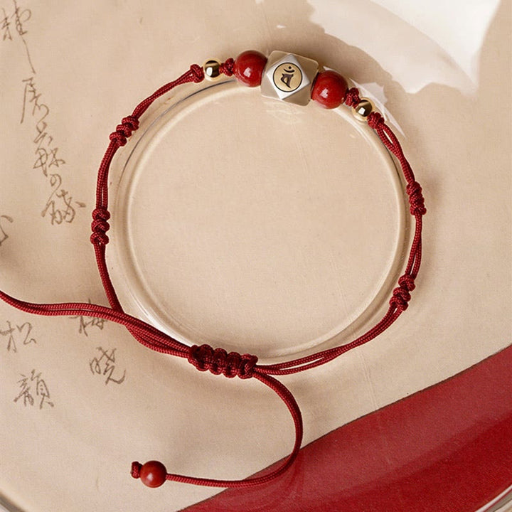 Braccialetto intrecciato calmo in argento sterling 925 fatto a mano con cinabro e zodiaco cinese Buddha Stones