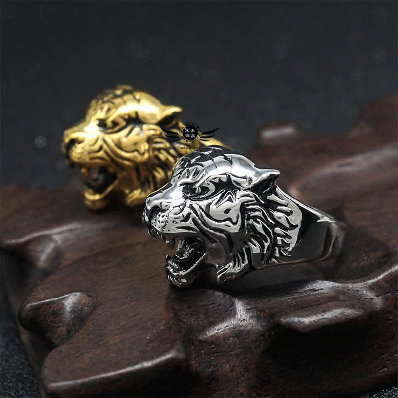 Anello da motociclista punk rock con testa di tigre in titanio e acciaio da uomo