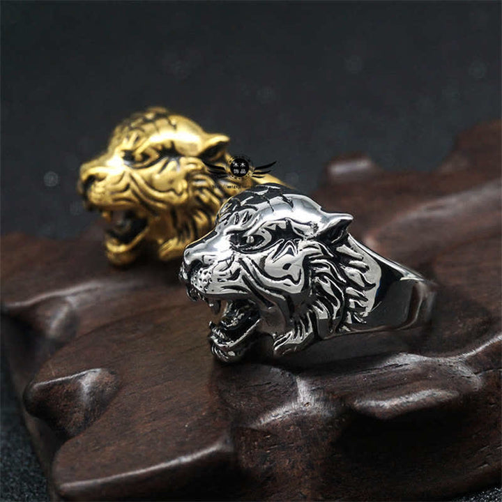 Anello da motociclista punk rock con testa di tigre in titanio e acciaio da uomo