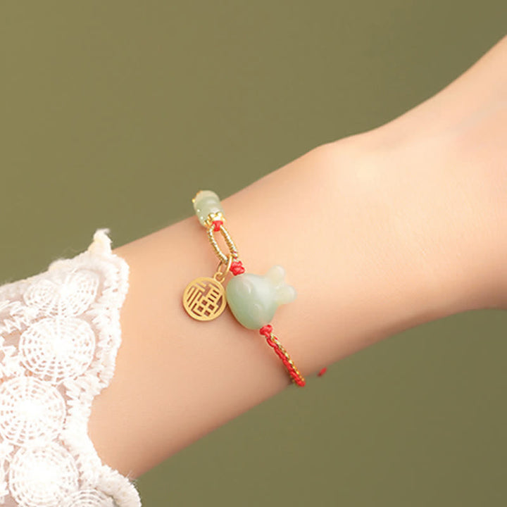 Braccialetto in corda rossa con Buddha Stones in argento sterling 925 Anno del coniglio in giada Hetian Felicità Fortuna