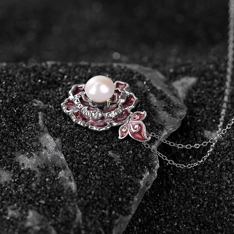 Collana con ciondolo in argento sterling 999 con perle e peonia, Buddha Stones
