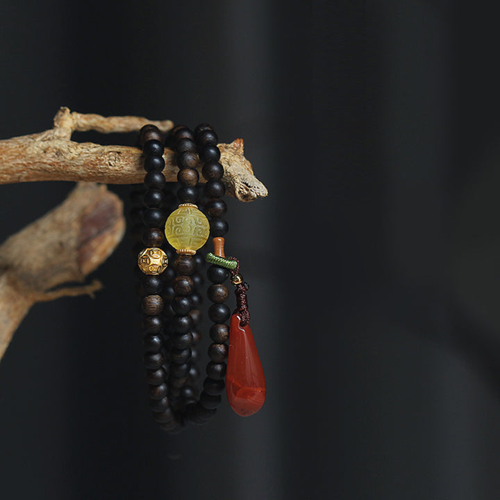 Buddha Stones 999 Oro Nha Trang Heiqinan Agarwood Ambra Agata Rossa Forza Bracciale Meditazione