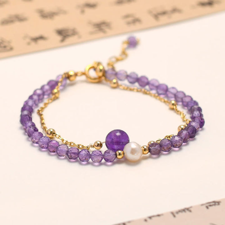 Bracciale a catena a doppio strato con cristalli di ametista placcati in oro 14K Buddha Stones
