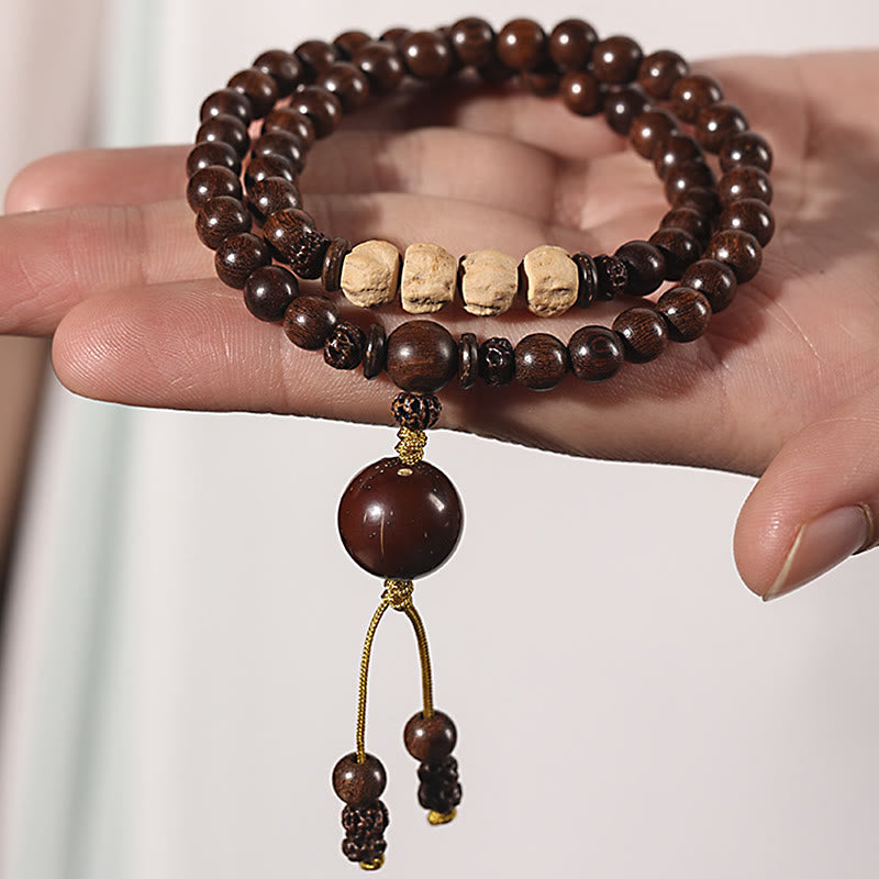 Braccialetto doppio giro Buddha Stones Sandalo Foglia piccola Sandalo rosso Bodhi Seme Purificazione