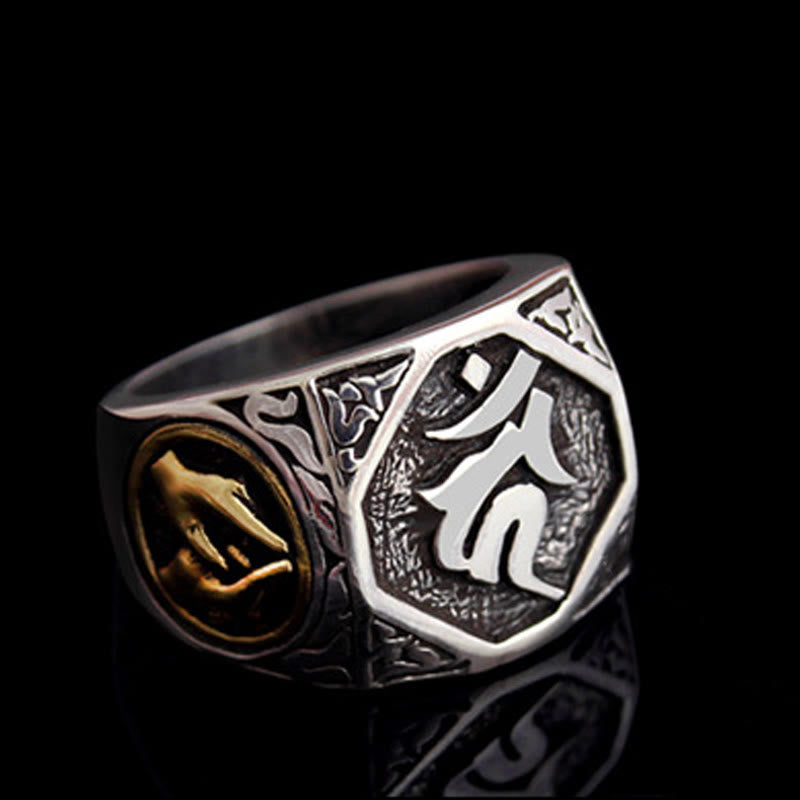 Anello regolabile con protezione intagliata in argento sterling 925 con design sanscrito Buddha Stones