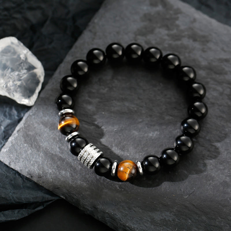 Bracciale Buddha Stones in ossidiana nera naturale con occhio di tigre e forza