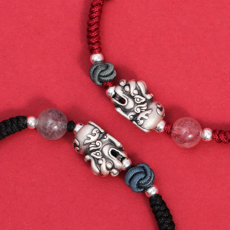Bracciale intrecciato Buddha Stones 999 Sterling Silver PiXiu Strawberry Quartz Bead Wealth Luck
