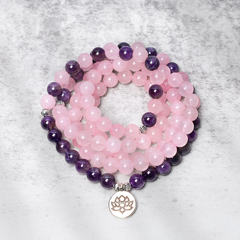 Bracciale con ciondolo di loto in perline di Mala in quarzo rosa naturale e ametista Buddha Stones