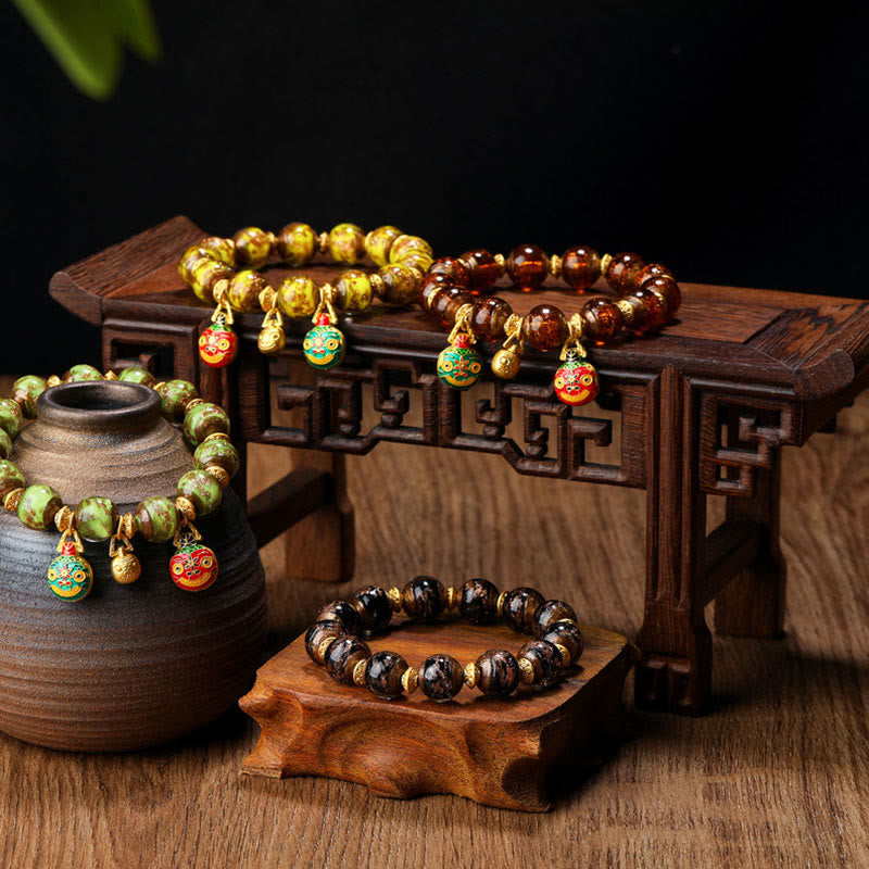 Buddha Stones Oro Deglutizione Bestia Famiglia Ciondolo Liuli Perline di Vetro Braccialetto della Fortuna - image 23